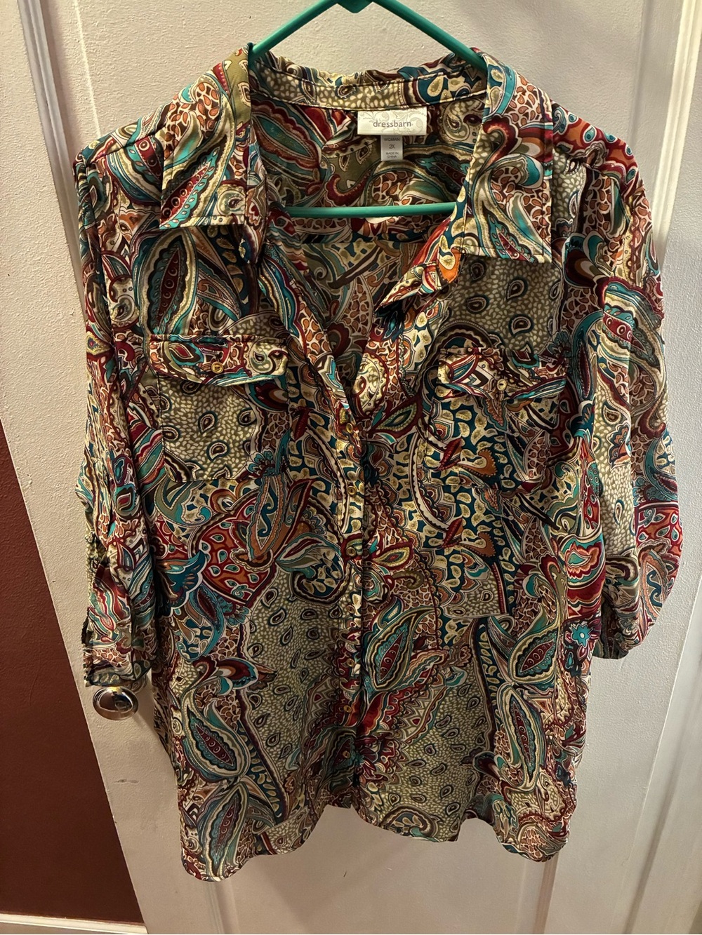 dressbarn Multicolor Paisley Button-Down Shirt with Teal and Red Accents